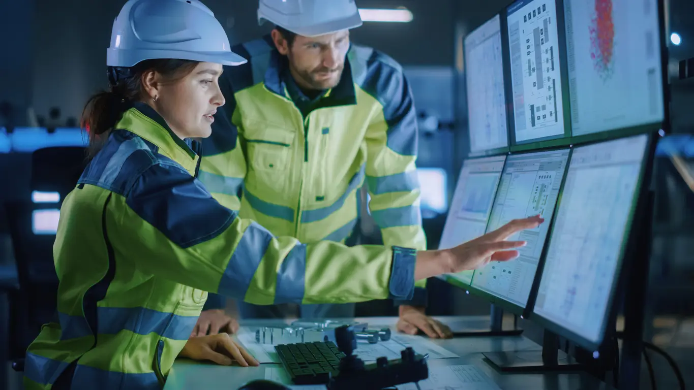 ngenieurteam überwacht Produktionsdaten für vorausschauende Wartung mithilfe digitaler Analyse-Software