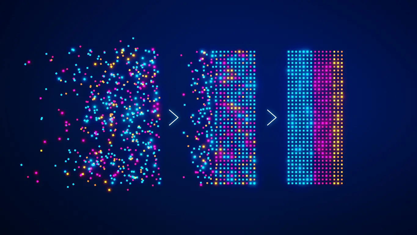 Illustration des Clustering-Prozesses bei der Datenanalyse: von unstrukturierten zu gruppierten Daten